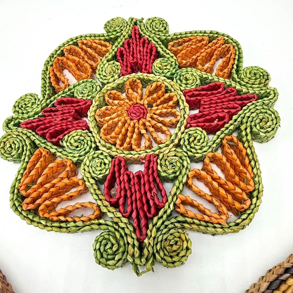 Vintage 1970s Boho Woven Trivets Lot 4 Colorful Hippie Wall Hanging Raffia Straw